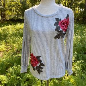 PLEIONE TOP CREW NECK RIBBED GRAY FLOWERS RED GREEN Size SMALL USA